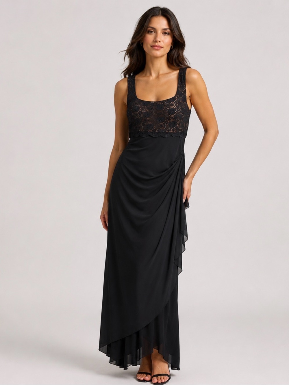 Alex Evenings Black Lace Bodice Draped Maxi Gown